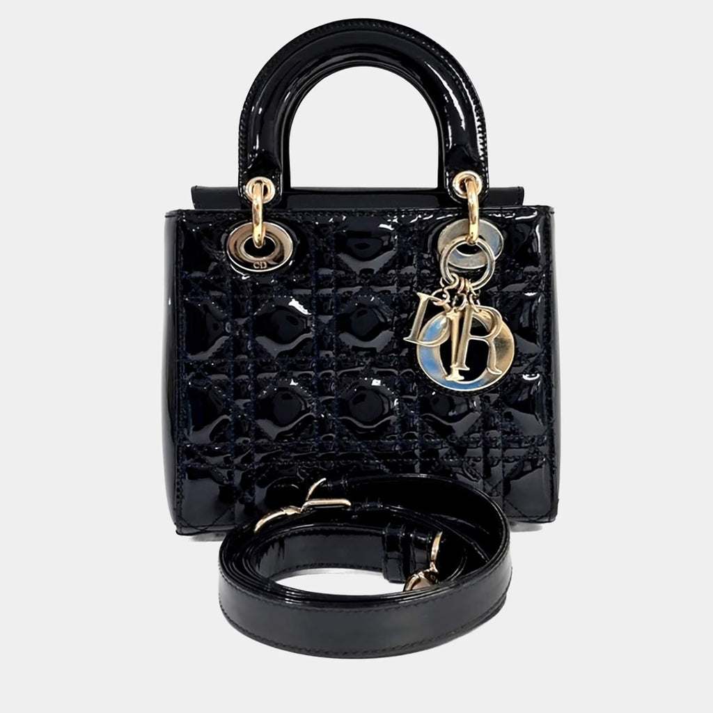 Dior Black Leather Patent Cannage Lady Bag Small
