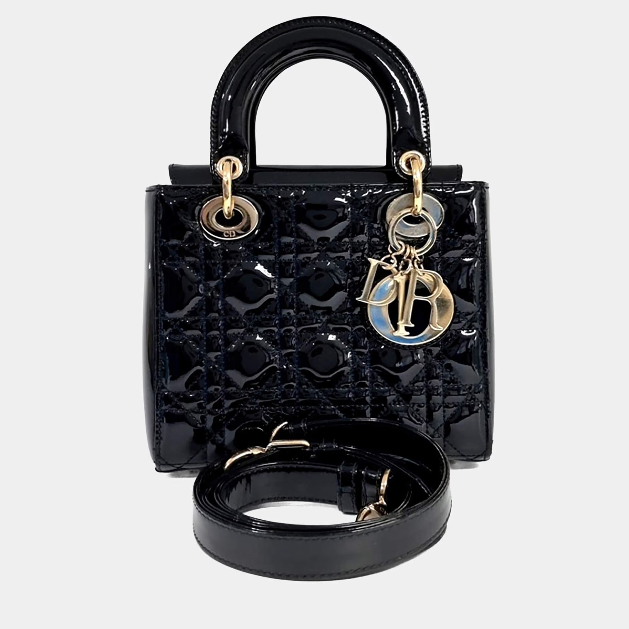 Dior Black Leather Patent Cannage Lady Bag Small