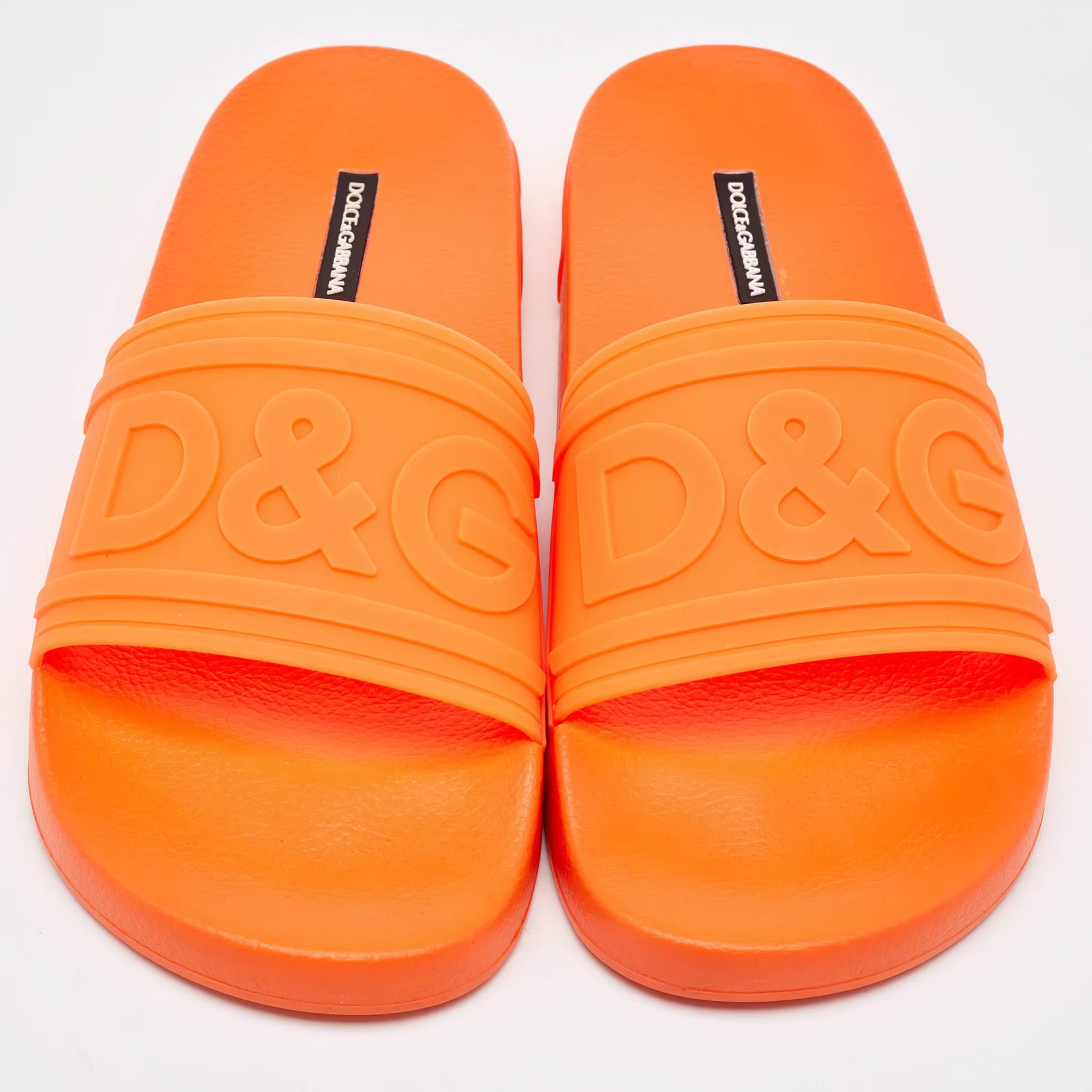 Dolce & Gabbana Neon Orange Rubber Logo Flat Slides Size 42