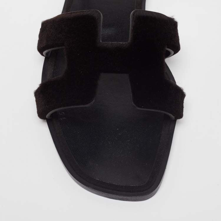 Hermes Black Fur Oran Sandals Size 36