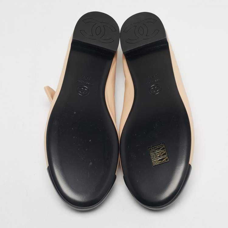 Chanel Beige/Black Leather CC Cap Toe Mary Jane Ballet Flats Size 39.5