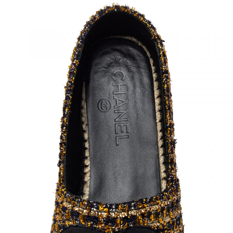 Chanel Black/Gold Tweed And Fabric CC Flat Espadrilles Size 39