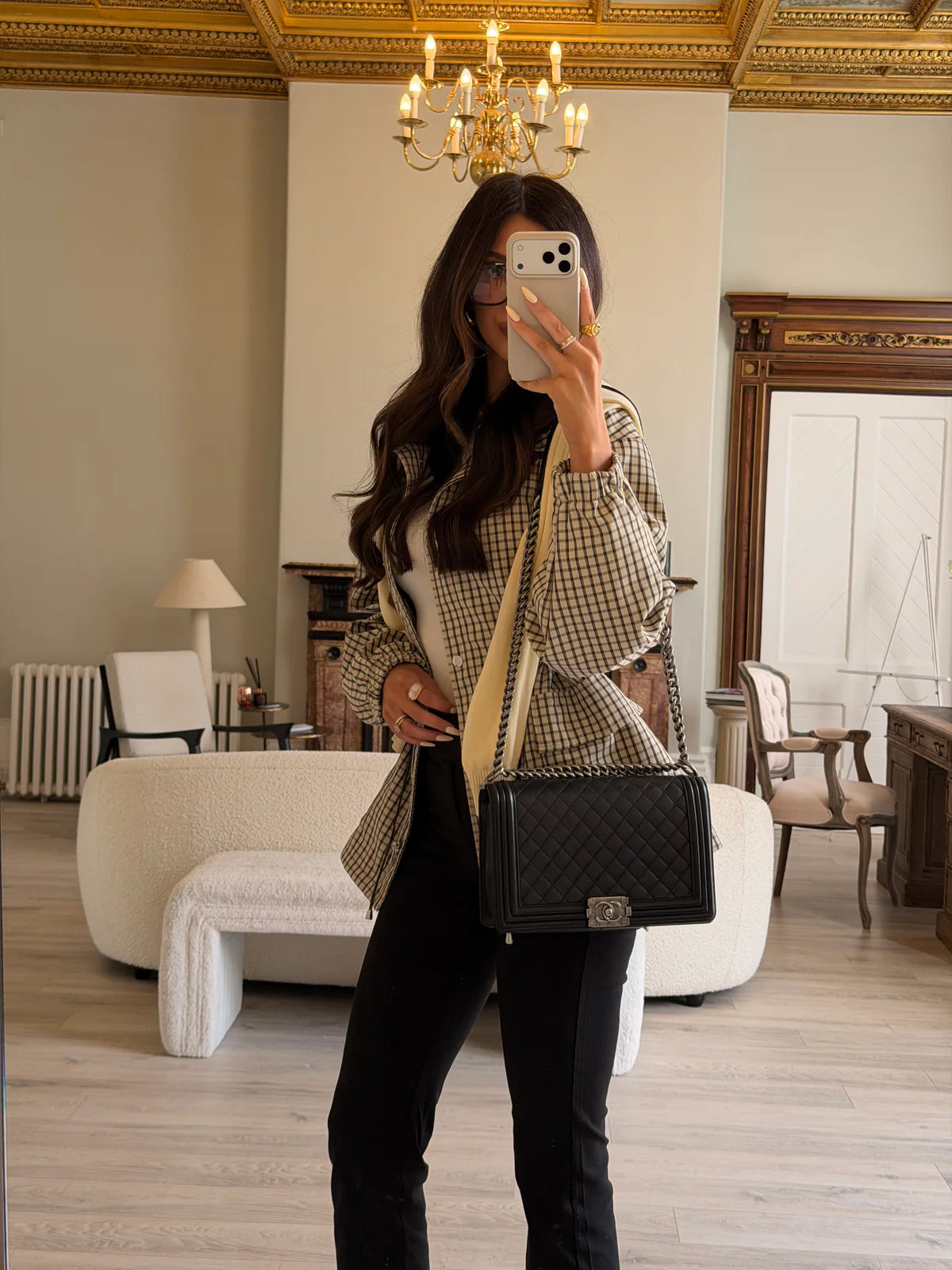 CHANEL BLACK LAMBSKIN LEATHER LARGE BOY BAG WITH RHW