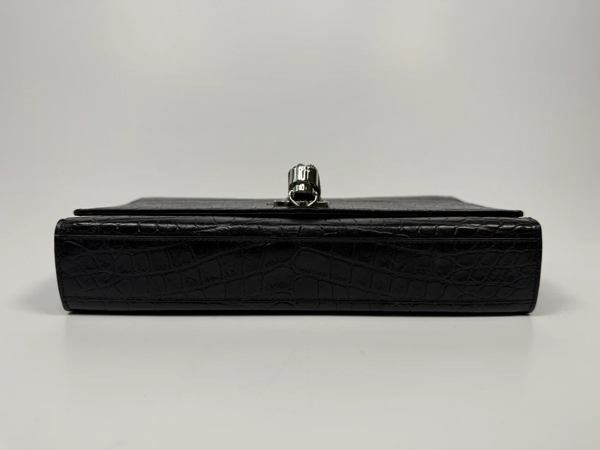SAINT LAURENT BLACK CROC EMBOSSED KATE TASSEL BAG