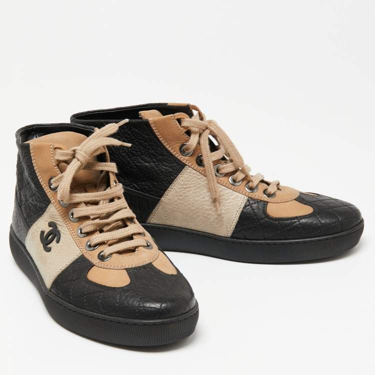 Chanel Black/Beige Leather And Nubuck CC High Top Sneakers Size 40