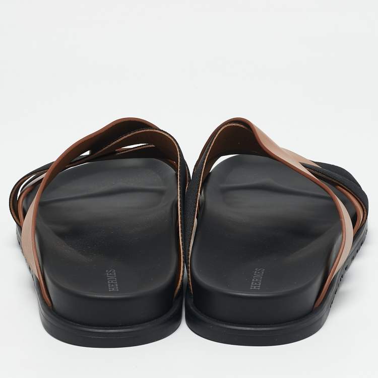 Hermes Brown/Black Leather and Fabric Kazimir Flat Sandals Size 46