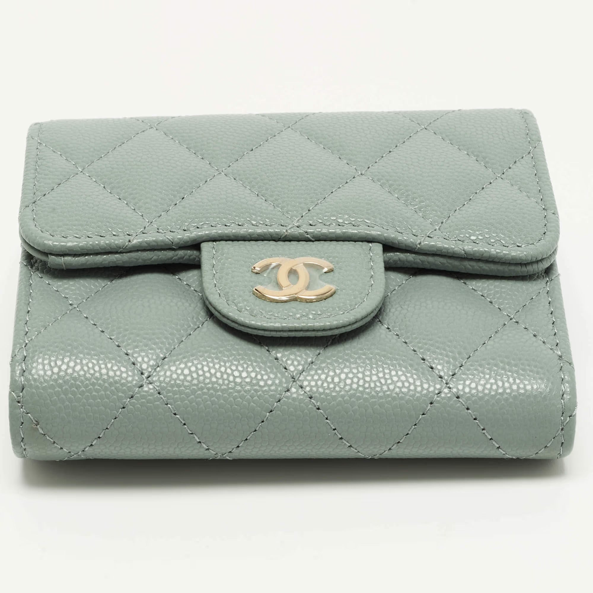 Chanel Classic Sage Green Quilted Caviar Leather Trifold Wallet
