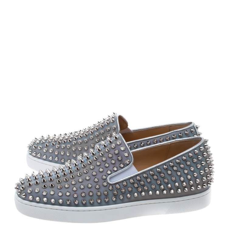 Christian Louboutin Metallic Silver Leather Roller Boat Spiked Slip On Sneakers Size 40