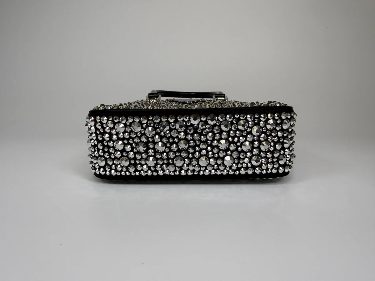 PRADA METAL PANIER SMALL BLACK SATIN CRYSTAL TOTE