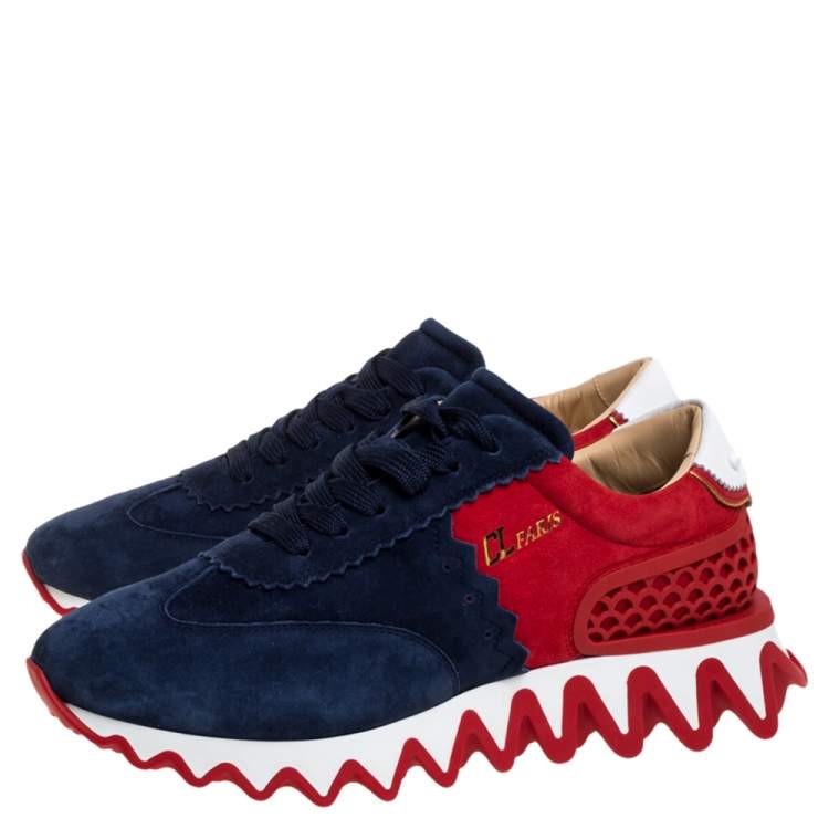 Christian Louboutin Blue/Red Suede And Leather Loubishark Low Top Sneakers Size 41