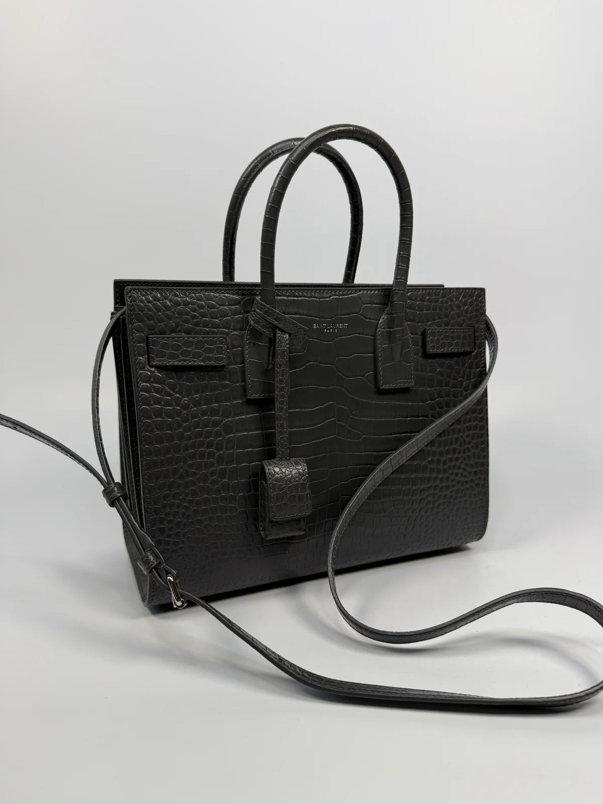SAINT LAURENT SMALL SAC DE JOUR IN GREY CROC EMBOSSED LEATHER WITH SILVER HARDWARE