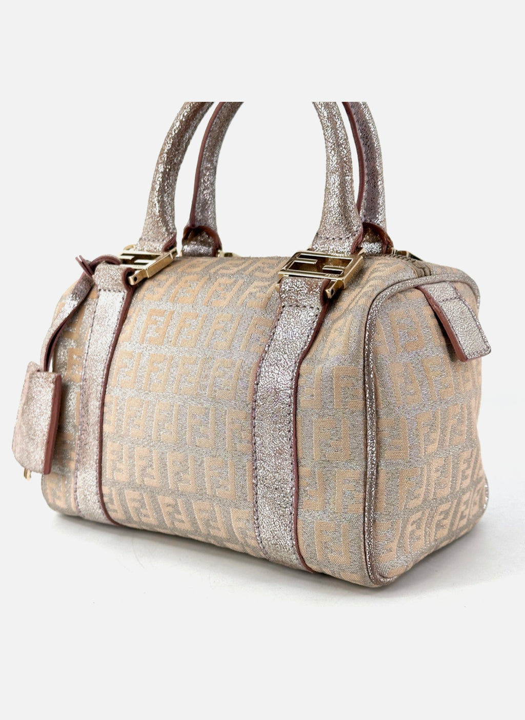FENDI Mini Boston Bag Zucchino Canvas Leather Pink Beige Silver Purse