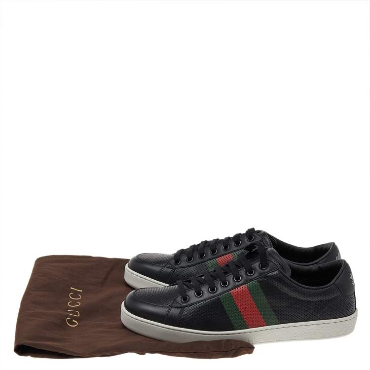 Gucci Black Perforated Leather Web Detail Low Top Sneakers Size 42.5