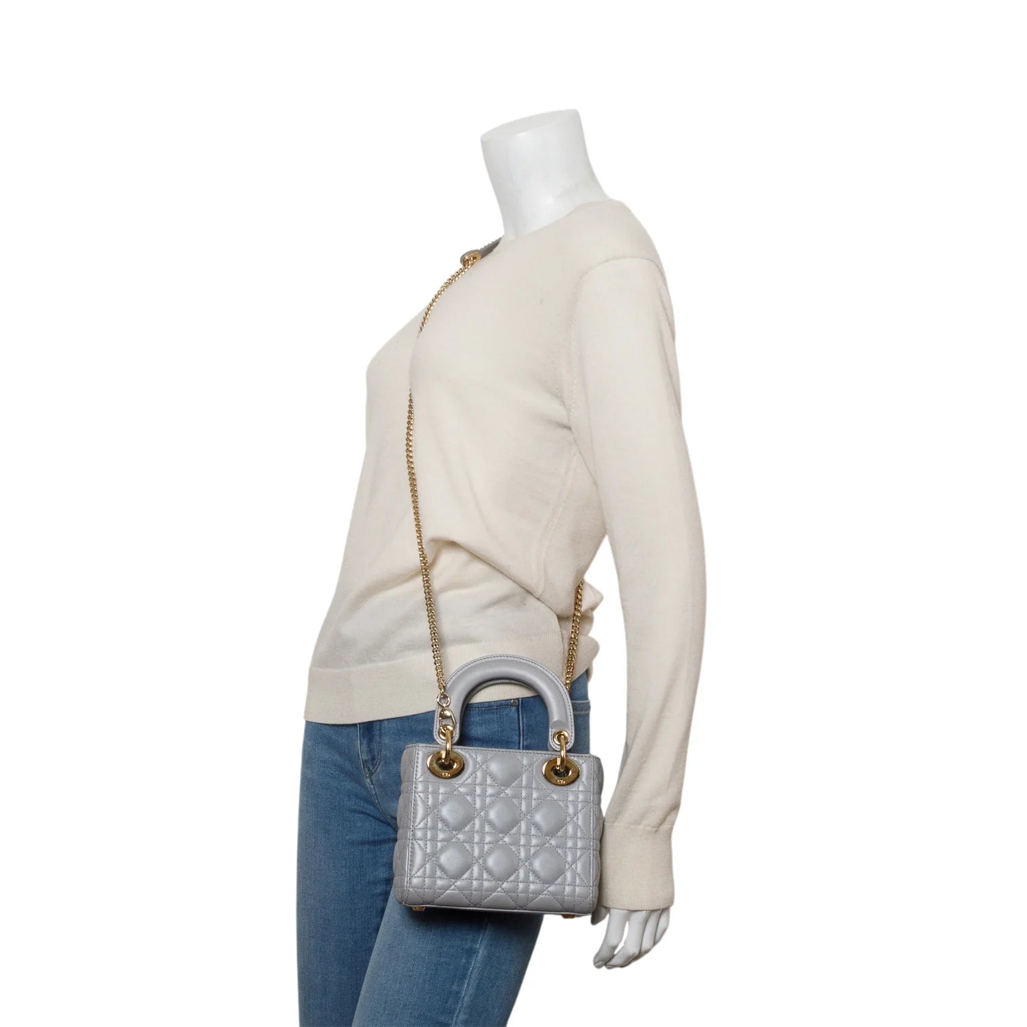 Christian Dior Grey Cannage Leather Mini Lady Dior Bag