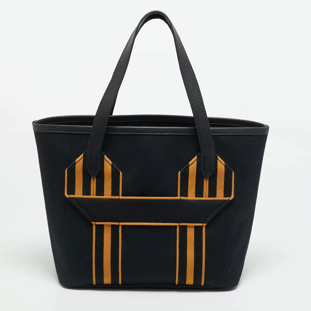 Hermes Pursangle MM Noir/Caramel Militaire Toile and Taurillon Clemence Leather Tote