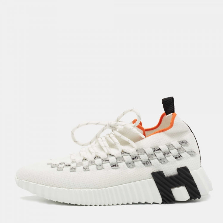 Hermes White Knit Fabric Flex Sneakers Size 36.5